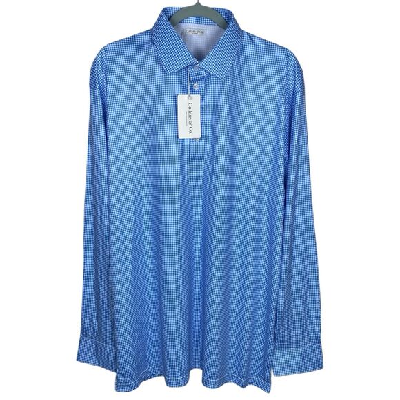 Collars & Co Polo Shirt Men 2XL Blue Gingham Long Sleeve Dress Collar Office NWT